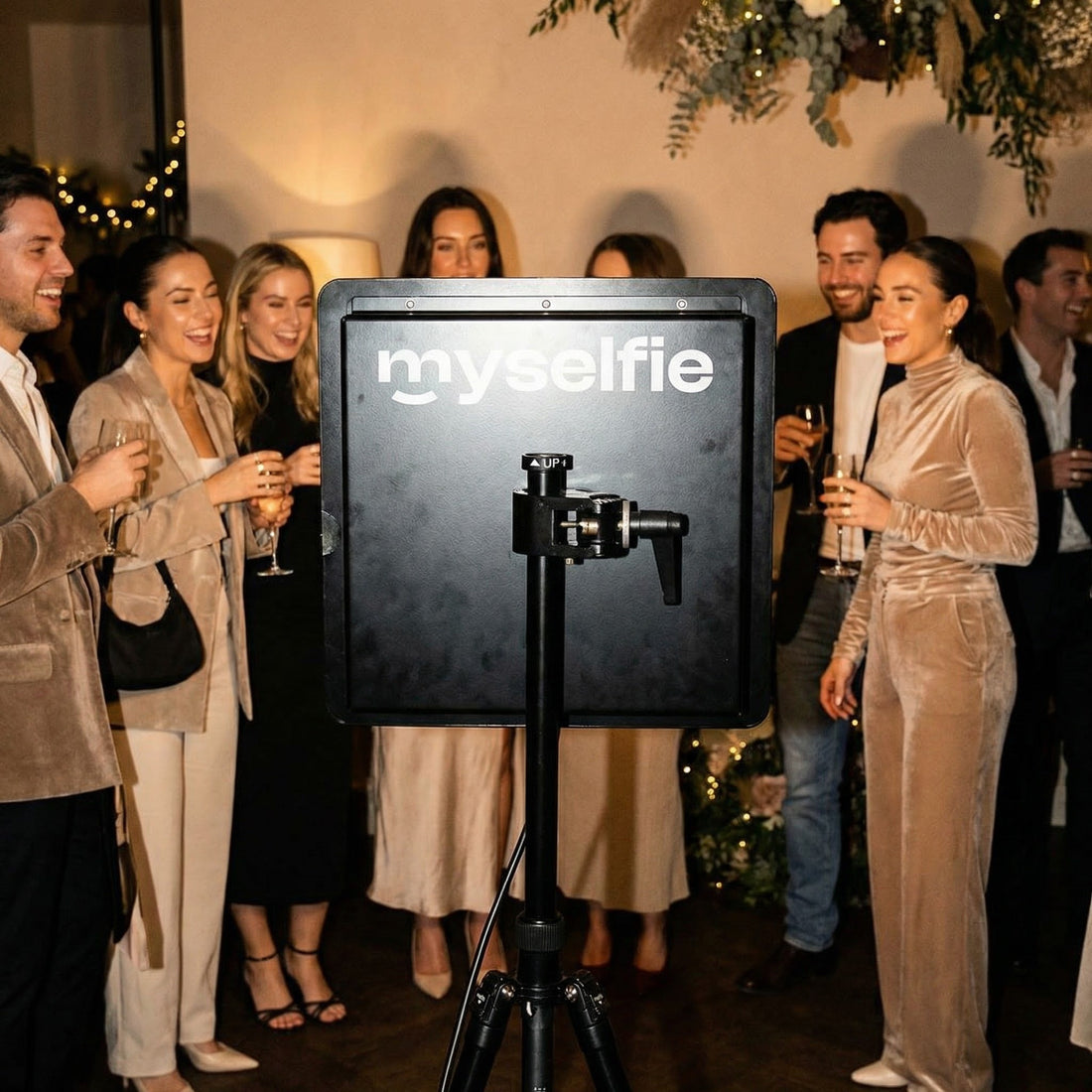 Gæster i festtøj står omkring Myselfie photo booth til en fødselsdagsfest
