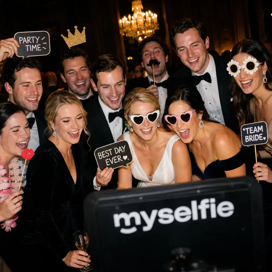 Bryllupsgæster med Team Bride- og Best day ever-rekvisitter foran Myselfie