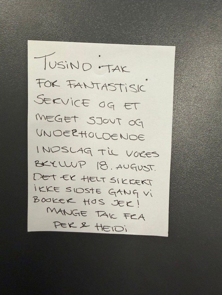 Håndskrevet takkekort til Myselfie fra Per & Heidi efter deres bryllup