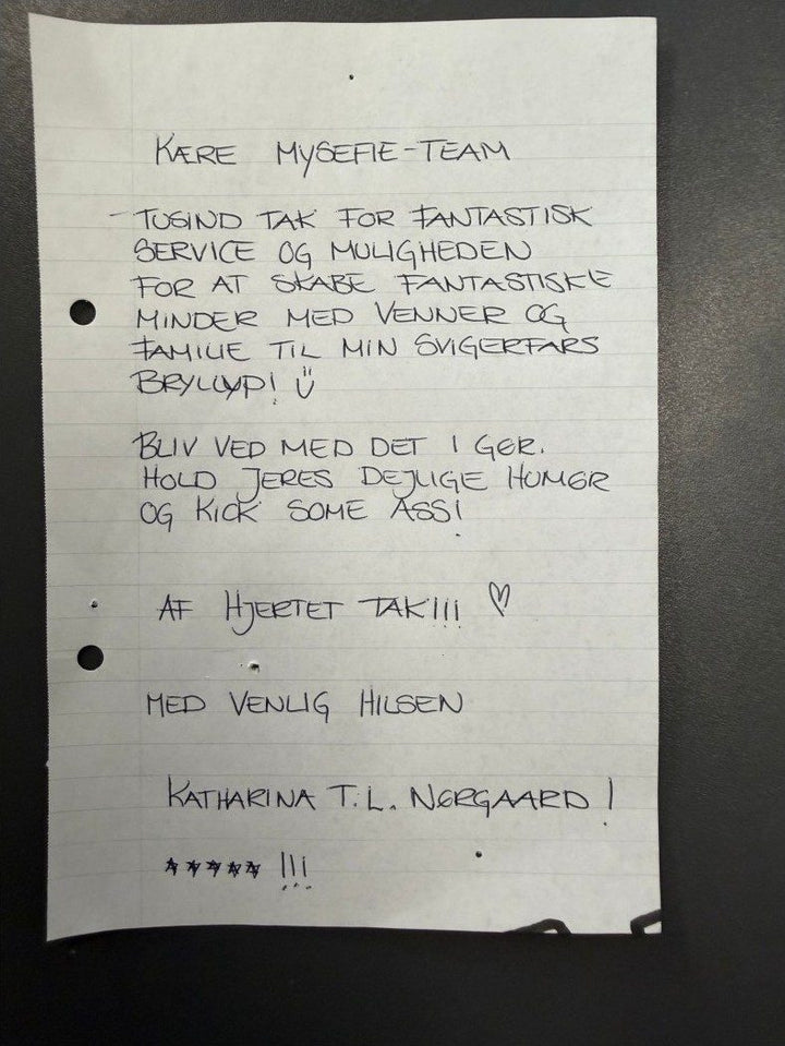 Håndskrevet takkekort til Myselfie fra Katharina (min svigerfars bryllup)